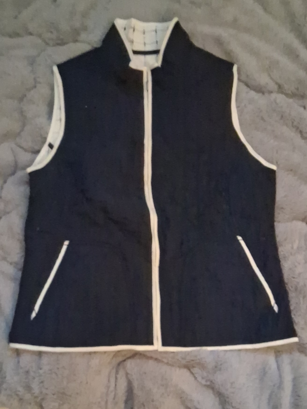 Navy Quilted Sleeveless Vest with White Trim